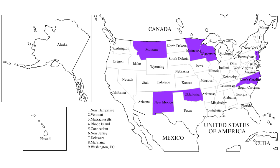 Map of United States with Grantee States Highlighted
